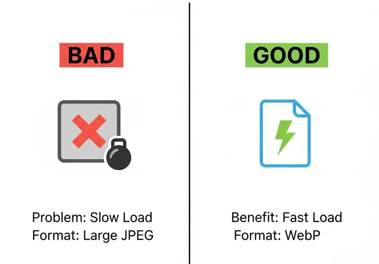 A comparison showing the difference between an unoptimized heavy JPEG and an SEO-optimized WebP image with proper filename.